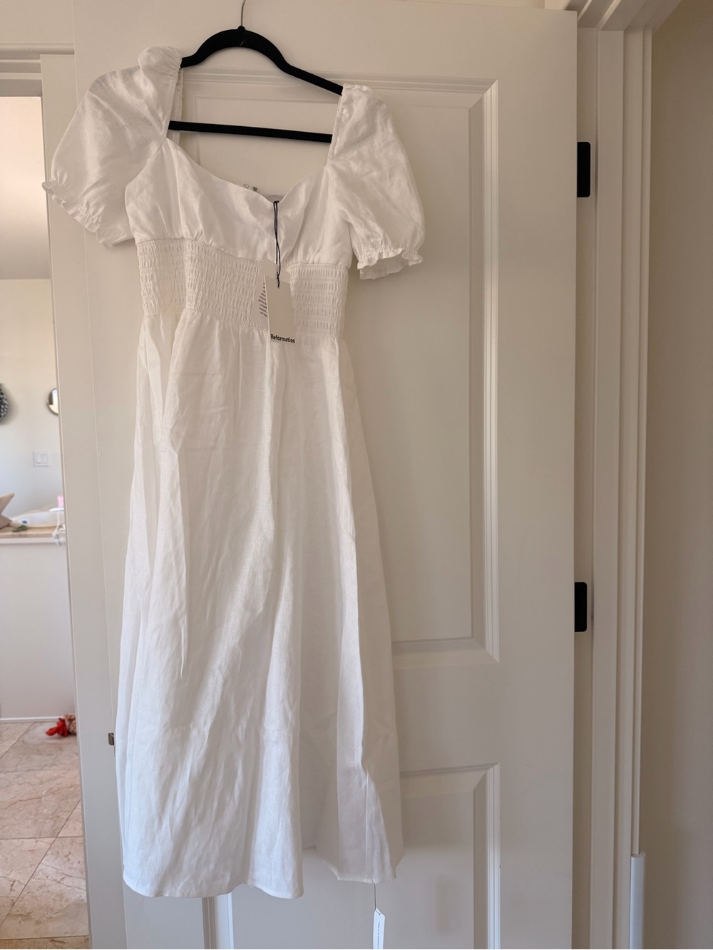 Reformation White Puff Sleeve Smocked Midi Dress
